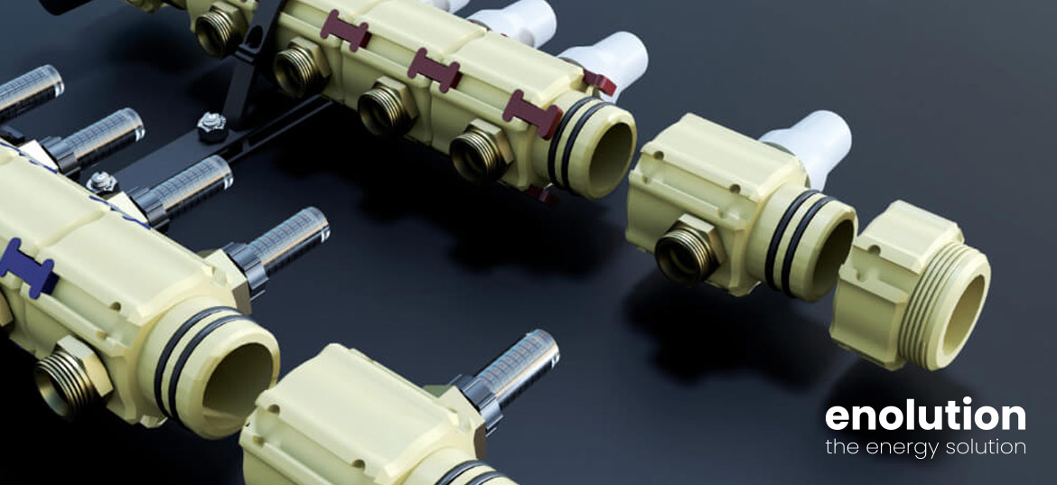 Verteiler aus Kunststoff für Heiz-und Kühldecke von Delagado Lamelle (Detailaufnahme) Verteiler aus Kunststoff für Heiz-und Kühldecke von Delagado Lamelle (Detailaufnahme)